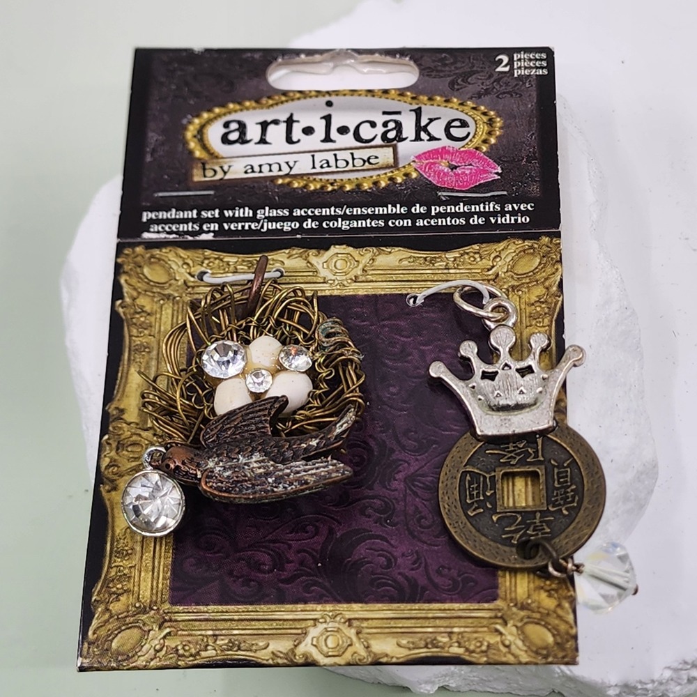 Art-i-Cake Amy Labbe 2 Piece Pendant Set Bird Nest Crown Coin Glass Accents